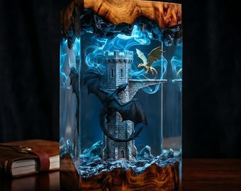 Black Dragon Mystic Sword Harz Lampe, Epic Fantasy LED-Nachtlicht, Dragon Novel inspirierte Dekor, mysteriöses Turmreich Geschenk für Leser