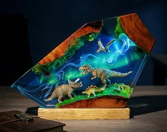 T-Rex Aurora Harzlampe, Prähistorisches Grasland Nachtlicht, Dinosaurier-Dekor, einzigartiges handgemachtes Geschenk für Dino-Liebhaber