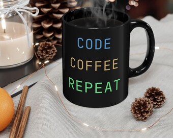 Code Coffee Repeat Mug | Programmer Gift | Dark Mode Developer Cup