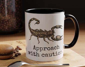 Custom Text Scorpion Mug, Passive Aggressive Office Gift, Funny Introvert Present, Caution Warning Cup, Sarcastic Coworker Desk Accessory