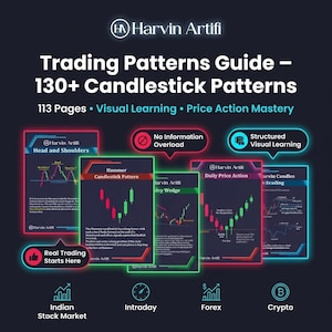 Puede incluir: Gráfico azul oscuro con el texto "Trading Patterns Guide - 130+ Candlestick Patterns". La imagen incluye ejemplos de patrones de velas, con las palabras "Head and Shoulders", "Hammer Candlestick Pattern" y "Daily Price Action".
