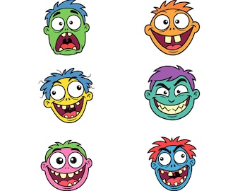 Cartoon Monster Faces PNG Clipart, Retro Comic Mascot Graphics (Digital Download)