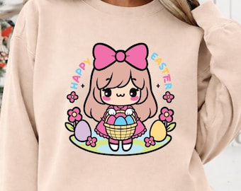 Kawaii Easter Girl PNG, Bunny Egg Basket Design, Printable Shirt Graphic (Digital Download)