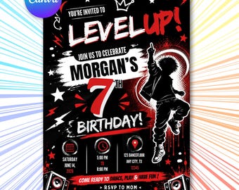 Level Up Birthday Invitation Canva Temlate | Pop Star Party Template, Music Birthday Invitation, Music Birthday Party, Editable Canva