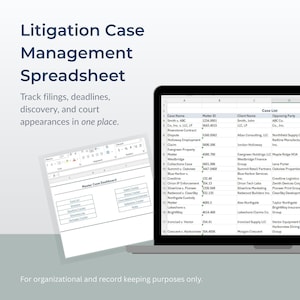 Hoja de cálculo para la gestión de litigios / Rastreador de casos legales, plazos, descubrimiento y organizador de fechas de audiencia