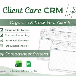Könnte beinhalten: Digitalgrafik, die ein Kundenmanagementsystem bewirbt. Der Text lautet "Client Care CRM Lite" und "Organisieren & Verfolgen Sie Ihre Kunden". Zu den Funktionen gehören Kundenaufnahme, Kommunikationsprotokolle, Aufgaben und Dokumentenverfolgung.