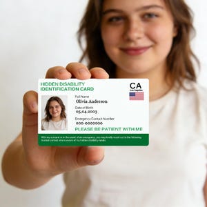 Könnte beinhalten: Weiße Hidden Disability Identification Card mit grünen Akzenten. Die Karte enthält den Text "HIDDEN DISABILITY IDENTIFICATION CARD", den Namen "Olivia Anderson" und "PLEASE BE PATIENT WITH ME". Ein Foto und die Flagge von Los Angeles sind ebenfalls sichtbar.
