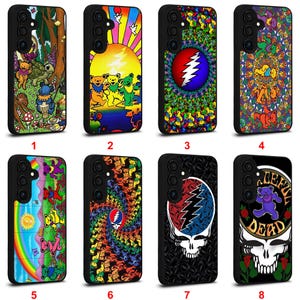 May include: A collection of eight black phone cases with colorful designs. The designs include dancing bears, a rainbow, a skull, and a sun. Each case has a black border and a camera cutout.
