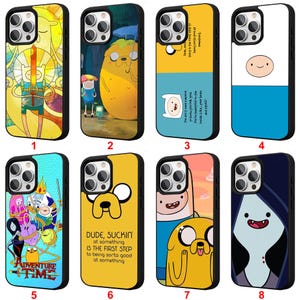 May include: Eight phone cases with Adventure Time designs. The cases feature characters like Finn and Jake, with quotes and colourful illustrations. Each case has a black border and a glossy finish, suitable for various phone models.