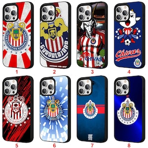 May include: A collection of eight phone cases featuring designs related to the Club Deportivo Guadalajara soccer team. The cases display the team's logo, colors (red, white, and blue), and various graphics, including a goat mascot and the word "Chivas".
