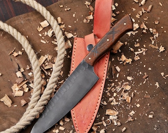 Hand Forged Chef Knife 8-Inch Stainless Steel Blade, Wood Handle, Leather Sheath (Custom Engraving)