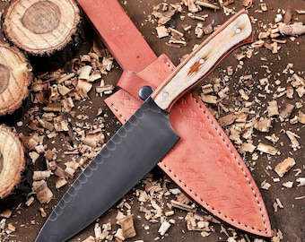 Hand Forged Chef Knife 8-Inch Stainless Steel Blade, Wood Handle, Leather Sheath (Custom Engraving)