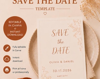 Terracotta Save the Date Template, Editable Canva Card, Printable Wedding Announcement, Instant Download