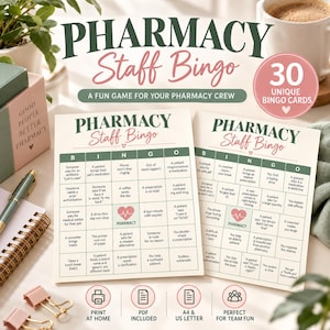May include: Two Pharmacy Staff Bingo game cards featuring a grid with various pharmacy-related scenarios, a central heart icon labelled PHARMACY, and the text Pharmacy Staff Bingo. The cards are displayed alongside a pen, notebook, and coffee mug.