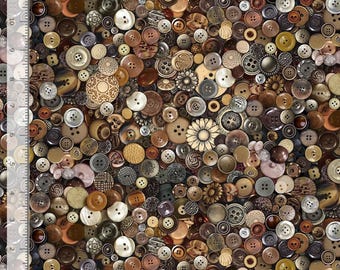 May include: A dense collection of assorted buttons in various shades of brown, tan, cream, and metallic tones, featuring diverse textures, patterns, and hole configurations, displayed alongside a ruler showing 11 inches in width and height.