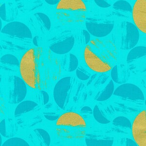 May include: A seamless pattern with gold and turquoise blue circles. The circles are overlapping and have a textured, brushstroke effect.