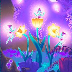 May include: A whimsical illustration of fairies and flowers. Three fairies with wings are flying around yellow daffodils and purple flowers. The background is a dark purple with a full moon and stars.