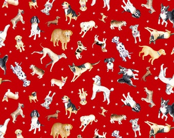 May include: A vibrant red fabric featuring a repeating pattern of various dog breeds in different poses, including poodles, dalmatians, and golden retrievers, interspersed with small white paw prints scattered across the bright red background.