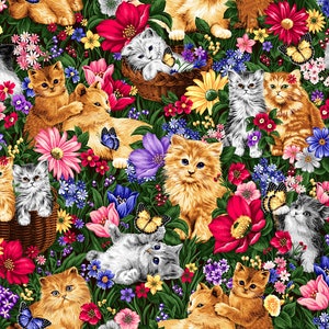 May include: A colorful illustration of kittens playing in a field of flowers. The kittens are various colors, including white, orange, and gray. The flowers are a variety of colors, including red, pink, yellow, and purple.