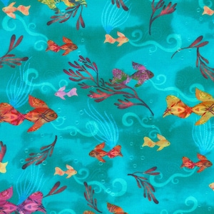 May include: A teal fabric with a repeating pattern of colorful fish, seaweed, and bubbles. The fish are various shades of orange, yellow, and pink, with patterned details. Seaweed is red and blue, and bubbles are scattered throughout the design.