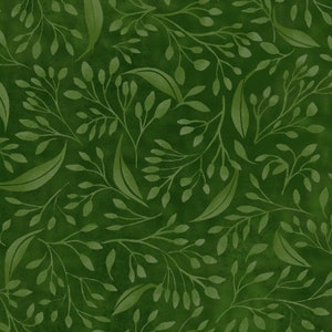 May include: A seamless pattern featuring a repeating design of green leaves and branches on a dark green background.