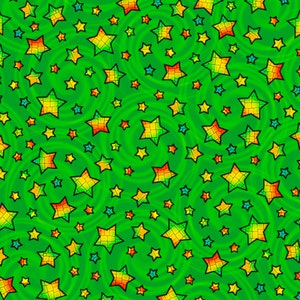 May include: A green background with a repeating pattern of colorful stars. The stars are outlined in black and have a mosaic-like design. The background has a swirling pattern.
