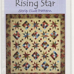 May include: A quilt pattern titled "Rising Star" by Cozy Quilt Designs. The quilt features star and diamond patterns in various colors on a cream background, framed by a floral border. Throw size is 76" x 76".
