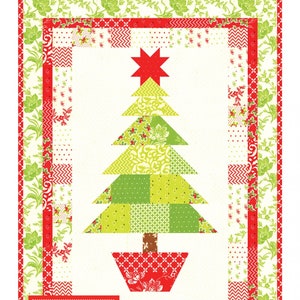 May include: A Christmas-themed quilt pattern featuring a patchwork Christmas tree with a red star on top. The tree is composed of green and yellow patterned fabric. The quilt has a red and green floral border, with the text "Oh Christmas Tree".