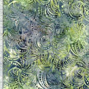 May include: A close-up of fabric with a repeating pattern of semi-circular shapes. The design features a blend of green, blue, and gray hues, with a batik-style appearance. The fabric has a textured look, with small dots and lines within the shapes.