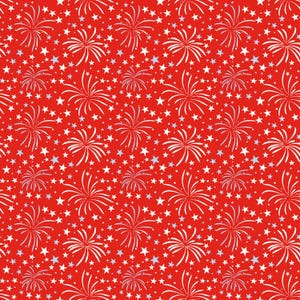May include: A festive red background with a repeating pattern of white fireworks and stars. The stars are in various sizes, with some in a light blue color. This design is suitable for celebratory occasions.
