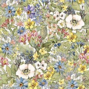 May include: Watercolor floral pattern featuring a variety of flowers in shades of blue, yellow, purple, pink, and white, interspersed with green leaves and berries. The design has a soft, artistic feel, perfect for fabric or wallpaper.