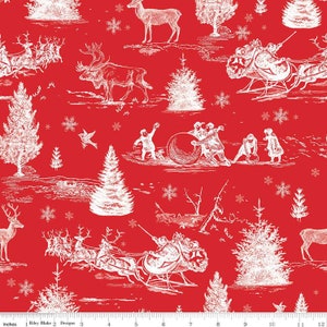 May include: A red fabric with a white repeating pattern of winter scenes. The pattern includes reindeer pulling a sleigh, people playing in the snow, and trees.