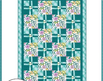 May include: A quilt pattern titled "Daydream" with a floral design. The quilt features squares of purple and yellow flowers on a white background, framed by teal and plaid borders. The dimensions are 42" x 60". The text "Make it with 3 yards" is also included.