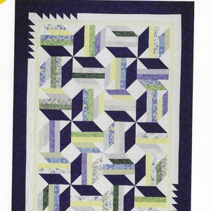 May include: A quilt pattern titled "Twirling" by Cozy Quilt Designs. The design features a geometric pattern with blue, green, and white fabric strips. The pattern includes wall-hanging, throw, twin, and queen sizes.