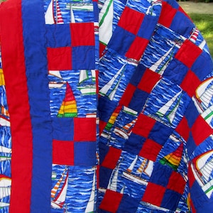 Handmade Quilt, Sailboats, Nautical Decor, Large Throw Quilt, Picnic Quilt, , Red White and Blue, 61&quot; x45&quot;, Patriotic Colors