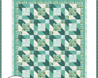 May include: A Spectrum quilt pattern by Fabric Cafe, featuring a geometric design in shades of teal, white, and green. The quilt measures 58 inches by 70 inches and requires 5 yards of fabric. The pattern includes the text "Putting the Fun Back in Quilting!"