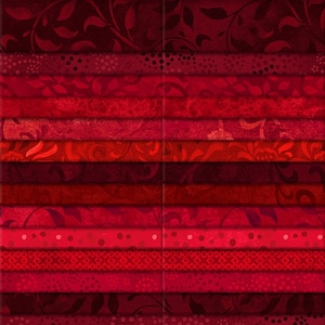 May include: A stack of 40 karat gems fabric squares in various shades of red. The fabric features floral and geometric patterns. The top of the stack has a label that reads "Ruby Days" and the Wilmington Prints logo.