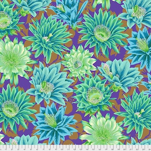 May include: A vibrant fabric pattern featuring large, stylized flowers in shades of teal, turquoise, and lime green. The flowers are set against a deep purple background with a brown floral overlay. The design is detailed and eye-catching.