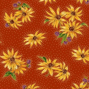 May include: A repeating pattern of yellow sunflowers with brown centers and green leaves, interspersed with small purple berries, set against a reddish-brown background dotted with small white circles. The floral design is detailed and vibrant.