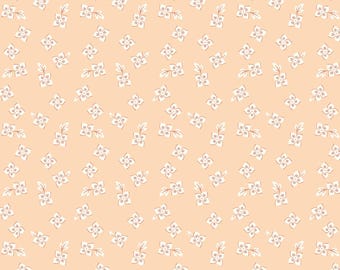 May include: A seamless pattern featuring a peach-colored background with a delicate scattering of white floral and leaf motifs. The design has a soft, vintage aesthetic, perfect for fabric or wallpaper.