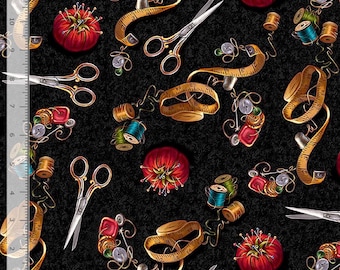 May include: A black fabric featuring a repeating pattern of sewing supplies including red tomato-shaped pincushions, silver scissors, yellow measuring tapes, colorful thread spools, and buttons. A ruler showing 11 inches is visible on the side.
