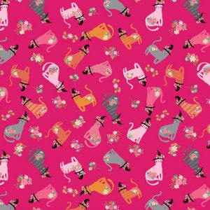 May include: A seamless pattern featuring a variety of cats wearing witch hats and surrounded by flowers on a bright pink background.