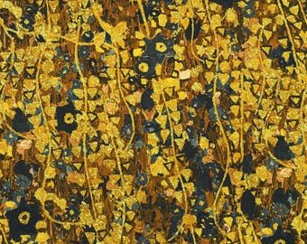May include: Abstract pattern featuring a mix of gold, brown, and navy blue elements. The design includes gold triangles, dark blue floral shapes, and thin, curved lines. The overall effect is a textured, artistic composition.