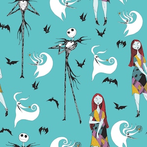 May include: A teal blue background with a repeating pattern of black bats, white ghosts, and black and white illustrations of Jack Skellington and Sally from the Nightmare Before Christmas movie.