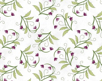 May include: A white fabric featuring a repeating pattern of purple bell-shaped flowers with green stems and leaves, accompanied by a 12-inch ruler at the bottom edge with the text Riley Blake Designs printed near the left side.