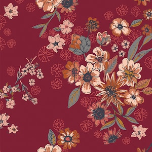May include: A floral pattern featuring a burgundy background with clusters of flowers in shades of peach, orange, and gray. The design includes stylized leaves and geometric shapes, creating a vintage aesthetic.