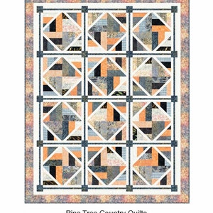 May include: A quilt pattern titled "Strips on the Horizon" featuring a geometric design with squares and triangles in shades of orange, gray, black, and white. The quilt has a patterned border and the text "Strips on the Horizon".