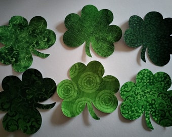 Iron-On Applique Quilting Cotton Shamrocks, Set of 6 Cut-Out Fabric Shamrocks for Quilt Blocks, Green St. Patrick's Day Shamrocks 4.5"x4.25"