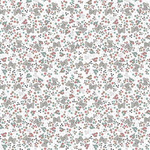 May include: A seamless pattern featuring a repeating design of small gray bears with pink, brown, and teal flowers on a white background.