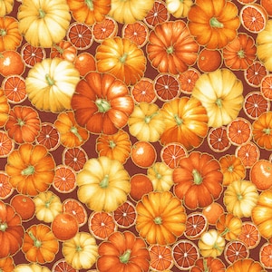 May include: A seamless pattern featuring orange, yellow, and brown pumpkins and orange slices on a dark red background.